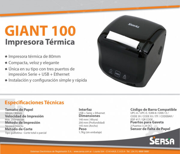 Impresora Comandera Sam4s Giant 100 SERIE+USB+ETHERNET - Imagen 2